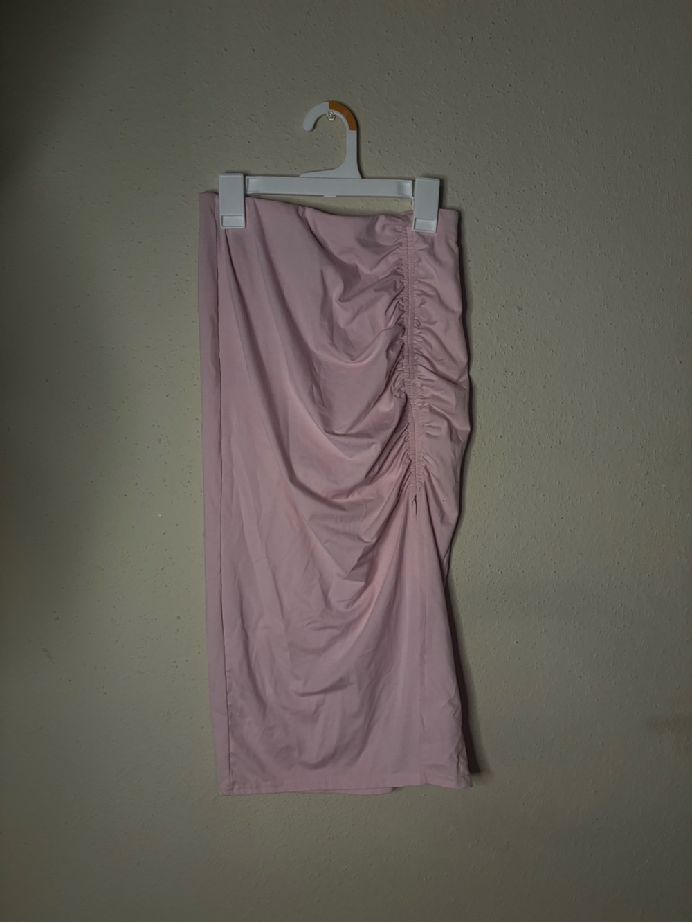 Pink Ruched Side Midi Skirt with Slit